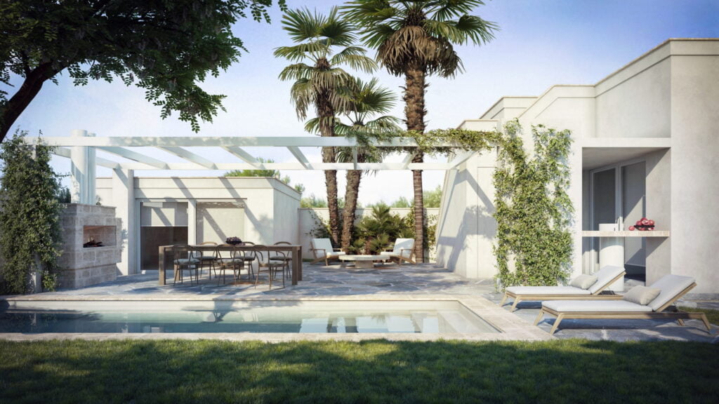 Progetto e rendering per un esterno con piscina di una villa a Porto Cesareo in Puglia